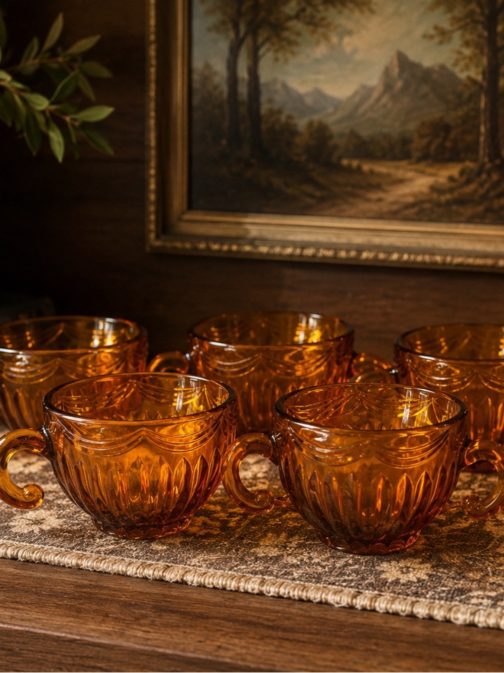 Amber Glass Tea Cup Set - Elegant Amber Cups with Handle